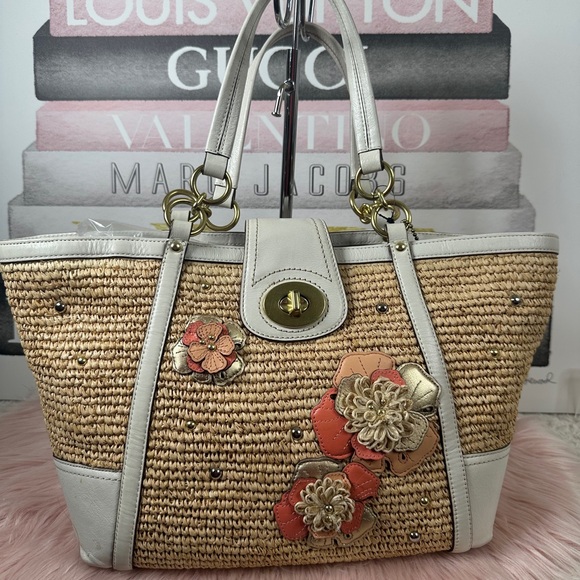 Coach Handbags - Coach Hampton Leather and Straw Tote with White Trim and Floral Appliqués